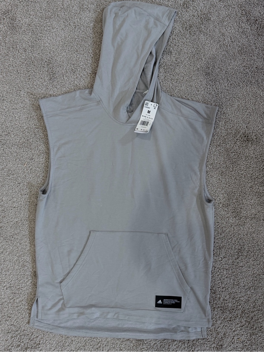 adidas Light Gray Sleeveless Hoodie with Logo Patch